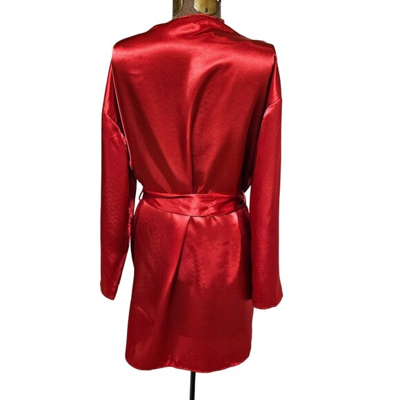 Victoria Secret Wrap Robe Womens Size Small Red Satin Lace Trim Belt Short - Picture 3 of 9